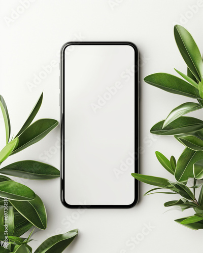 Smartphone mockup with blank white display screen on beautiful nature plants background