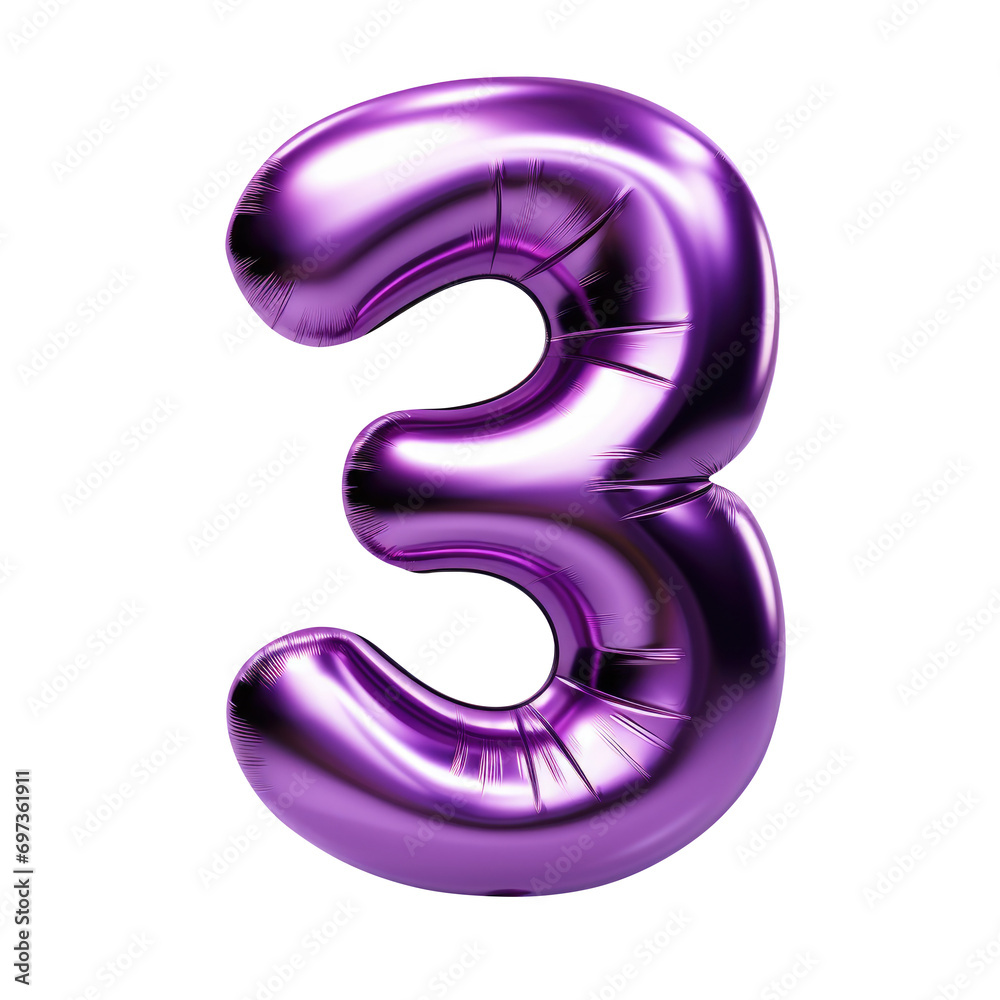 purple metallic number 3 balloon Realistic 3D on white background. purple metallic number 3 balloon Realistic 3D on white background.