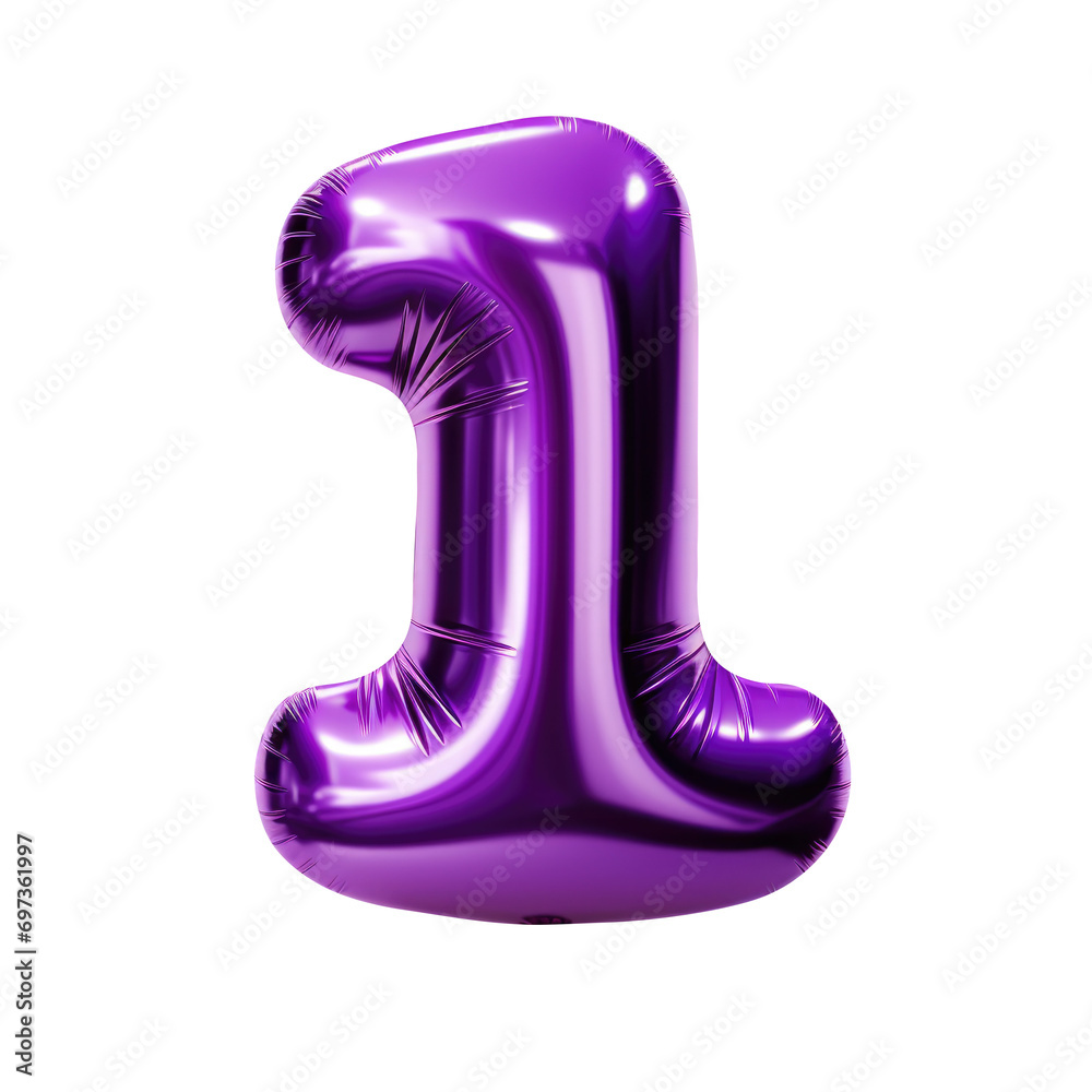 purple metallic number 1 balloon Realistic 3D on white background.