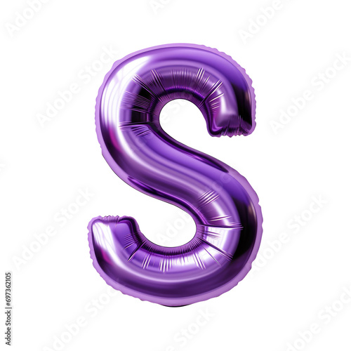 purple metallic S alphabet balloon Realistic 3D on white background.
