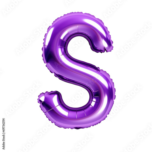 purple metallic S alphabet balloon Realistic 3D on white background.