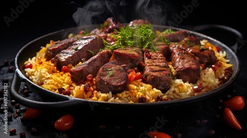 Traditional turkish food is roasted meat served on rice. the name of this dish is pilav, which is known as st. kavurma, kurban kavurma, nohutlu, or etli pilaf. it is a rice dish with meat photo