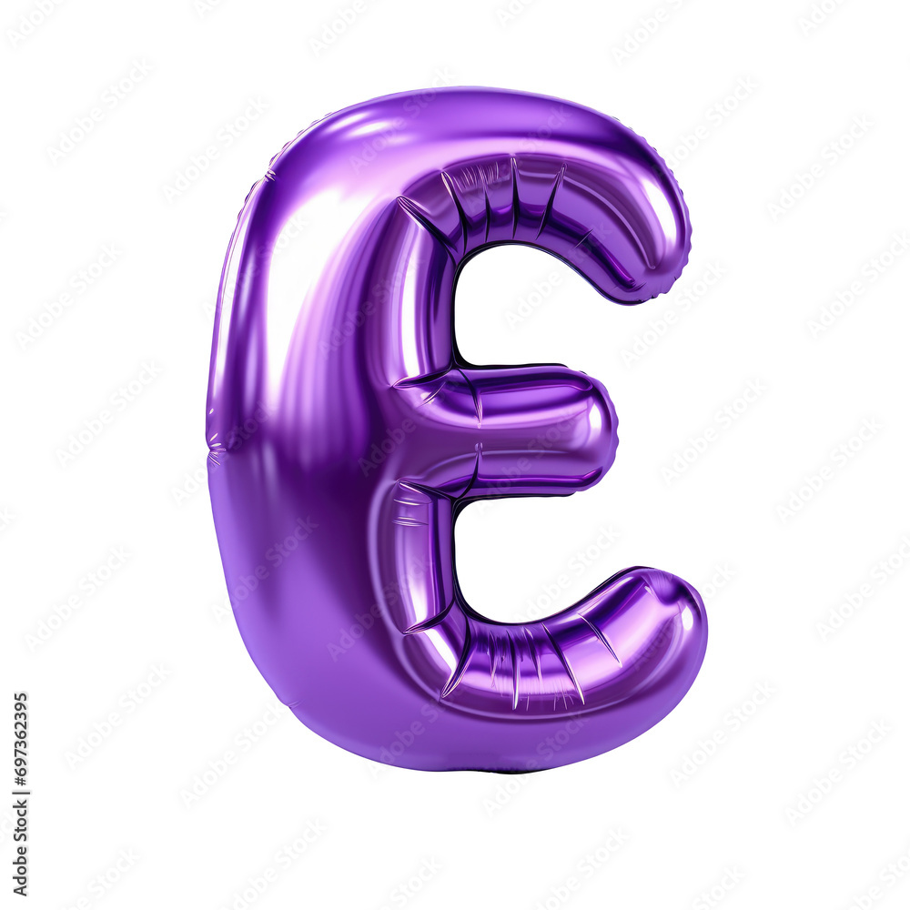 purple metallic E alphabet balloon Realistic 3D on white background.