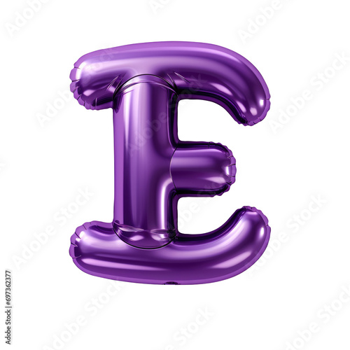 purple metallic E alphabet balloon Realistic 3D on white background.
