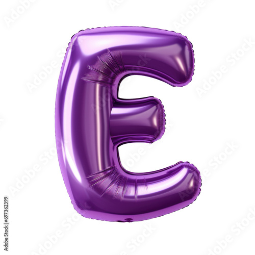 purple metallic E alphabet balloon Realistic 3D on white background.