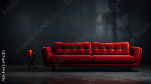 Habitación con decoración minimalista de color negro y un sofá de color rojo