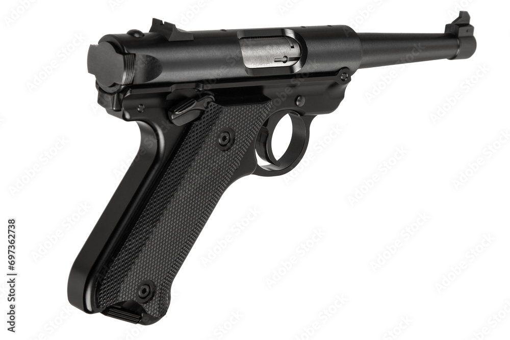 Classic semi-automatic pistol .22lr isolate on a white background. Short-barreled weapon. Armament for the army and police. Classic semi-automatic pistol .22lr isolate on a white background. Short-barreled weapon. Armament for the army and police.