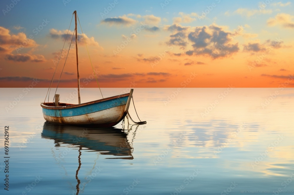 : A lone boat docked in a quiet harbor, surrounded by the simplicity of the water and sky