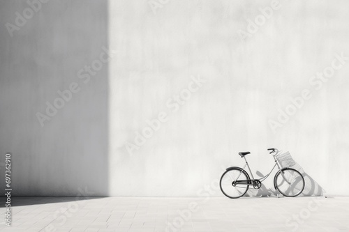 : A lone bicycle leaning against a stark white wall, capturing the essence of urban minimalism