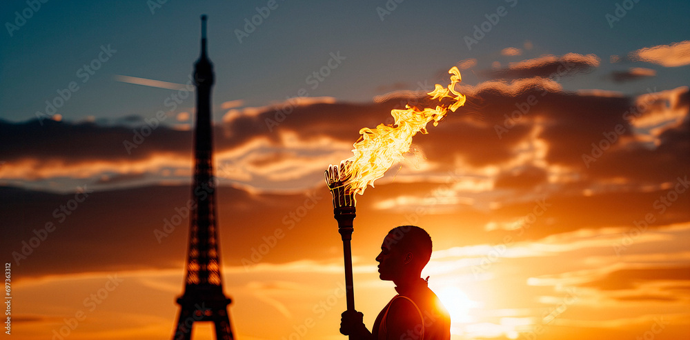 Silhouette of athlete with Olympic torch marks start of global sports event at dawn, torch keeper in Paris - obrazy, fototapety, plakaty 