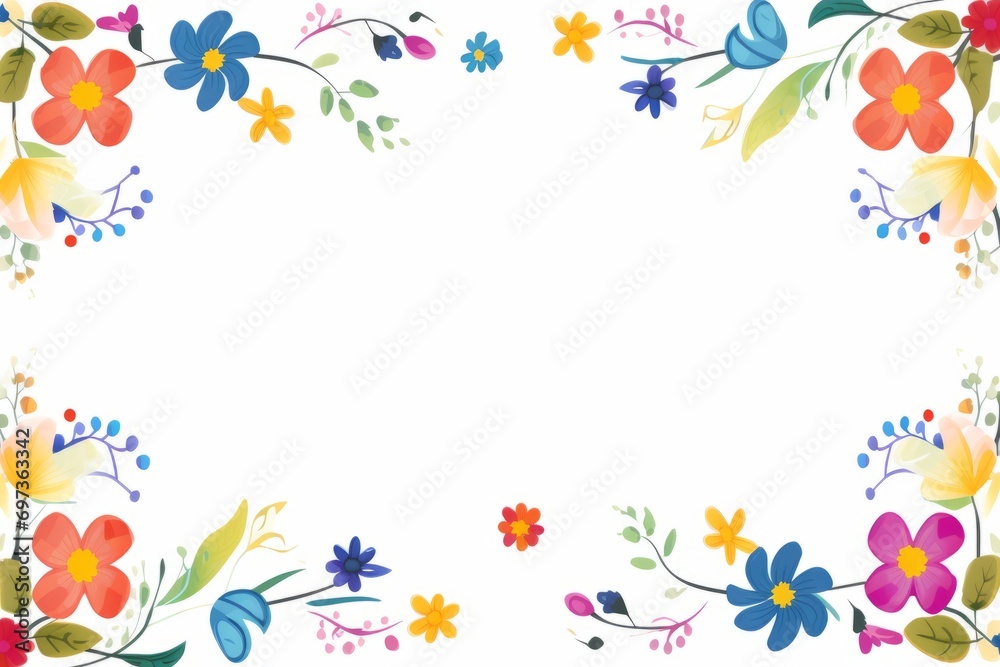 Colorful floral border with a variety of flowers on a white background, with blank space