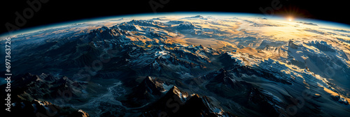 paysage montagneux sur une planète vu depuis l'orbite