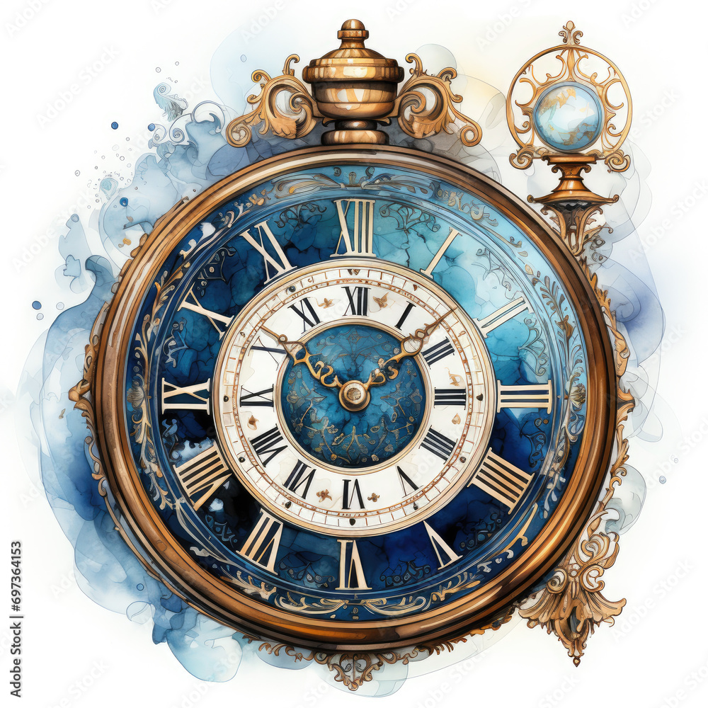 watercolor Ornate Clock clipart, Generative Ai