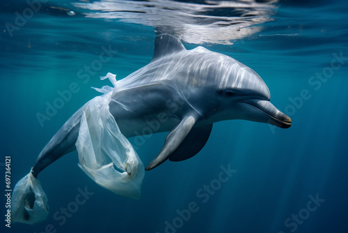 helpless dolphin ensnared in a plastic bag  ecological catastrophe