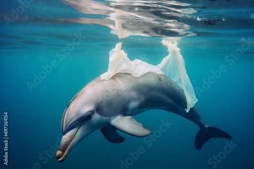 helpless dolphin ensnared in a plastic bag, ecological catastrophe