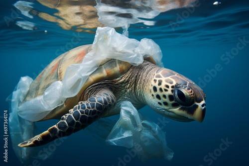 helpless turtle ensnared in a plastic bag  ecological catastrophe