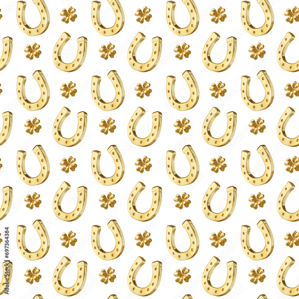 3d luck and wealth seamless pattern with golden horseshoe and clover on white color background. 3d design of Patrick's Day illustration 3d luck and wealth seamless pattern with golden horseshoe and clover on white color background. 3d design of Patrick's Day illustration