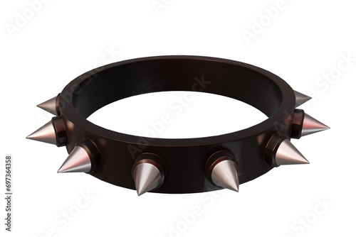 3d illustration of realistic black leather collar with metal spikes on white color background. 3d render design of leather collar