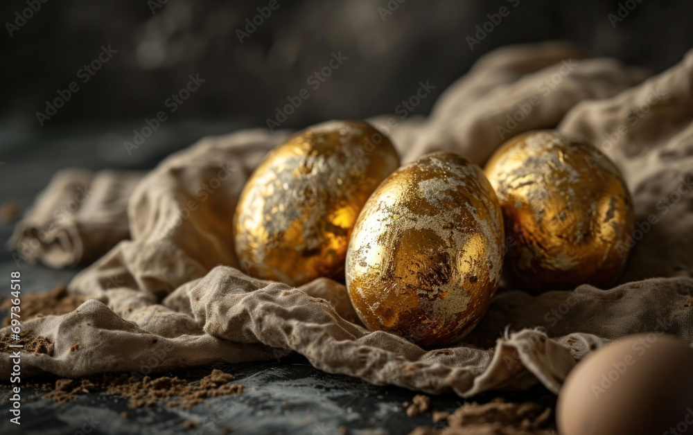 Golden speckled eggs on a crumpled linen cloth, an elegant still life that symbolizes wealth and luxury, perfect for themes of opulence and gourmet delicacies. Golden speckled eggs on a crumpled linen cloth, an elegant still life that symbolizes wealth and luxury, perfect for themes of opulence and gourmet delicacies.
