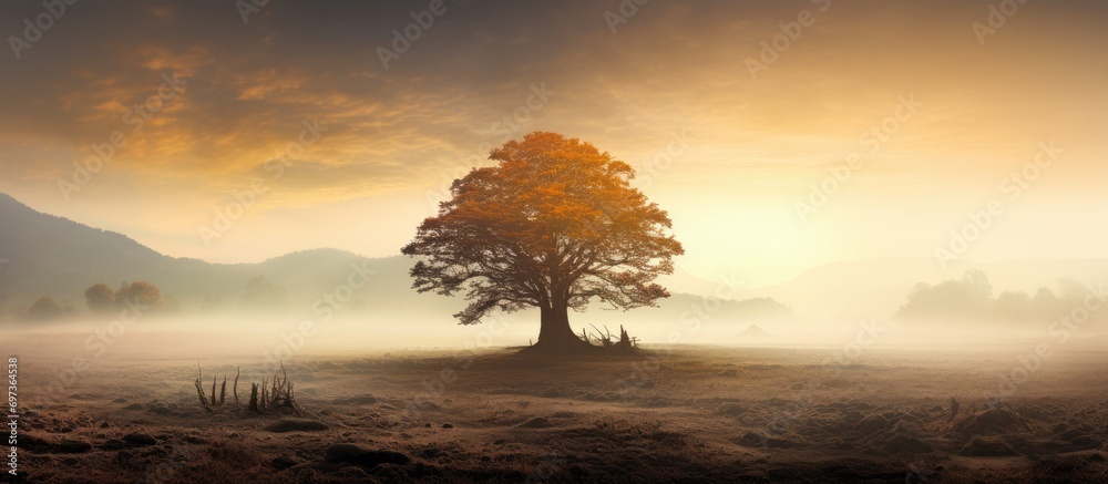Mysterious tree in hazy field scenery