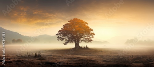 Mysterious tree in hazy field scenery