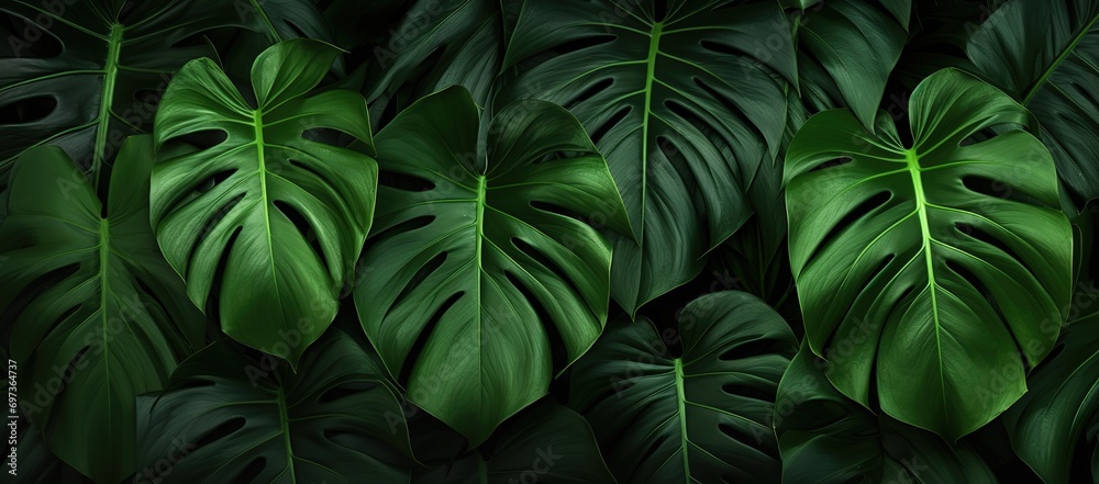 green monstera leaves in photo on black background. generative Ai - obrazy, fototapety, plakaty 