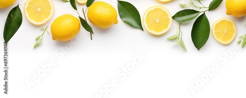 Yellow orange slices with green leaves on white background