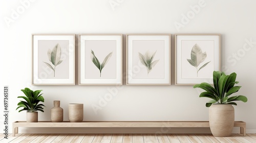 A design that incorporates photoframes and plants in the interior