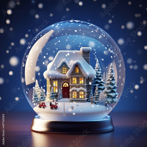 Merry Christmas Snow Globe with a House on Snowfall Winter Background 