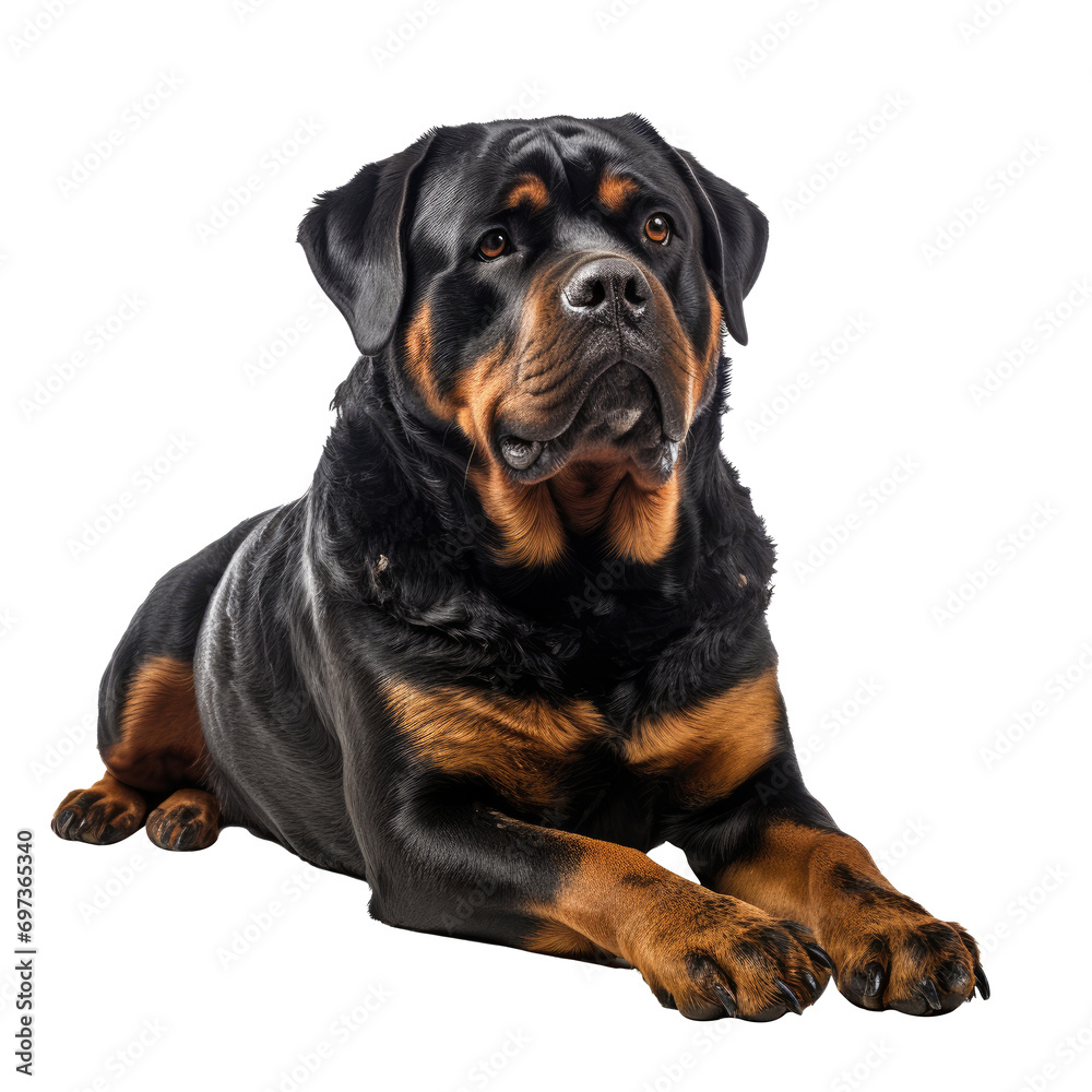 Rottweiler dog lying isolated on white background Rottweiler dog lying isolated on white background