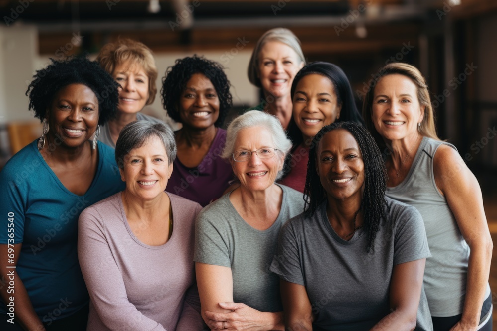Group portrait of body positive senior women in gym Group portrait of body positive senior women in gym