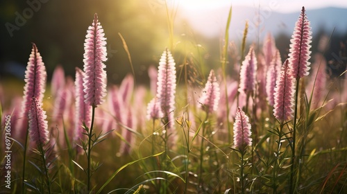 A forest background is blurred in this landscape with a wild meadow full of grass and flowers.