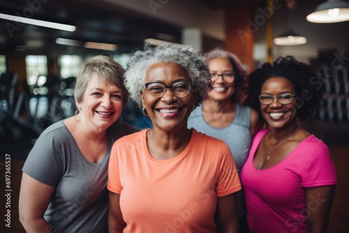 Group portrait of body positive senior women in gym