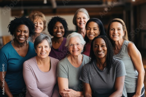 Group portrait of body positive senior women in gym photo