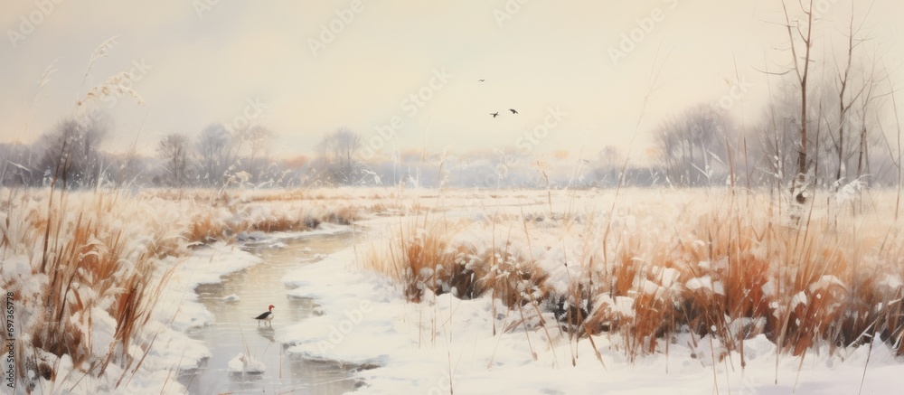 Snowy winter road through reeds. - obrazy, fototapety, plakaty 