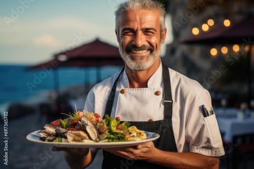 Portrait of a middle aged chef holding seafood in seaside restaurant