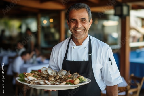 Portrait of a middle aged chef holding seafood in seaside restaurant