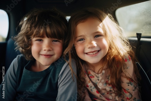Portrait of a young brother and sister in backseat of car