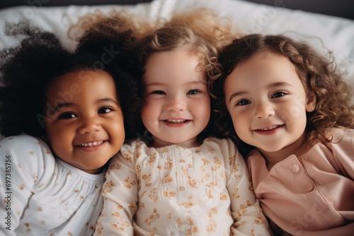 Group portrait of diverse little girls on the bed