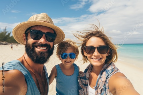 Happy family taking selfie at the beach