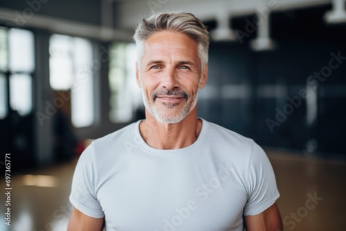 Portrait of a smiling senior man in indoor basketball gym