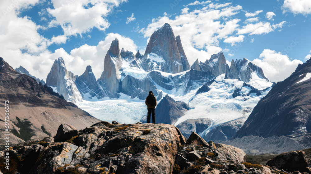 Lone trekker facing away, standing on a rocky outcrop, marveling at the snow-capped peaks and glaciers of the mountainrange