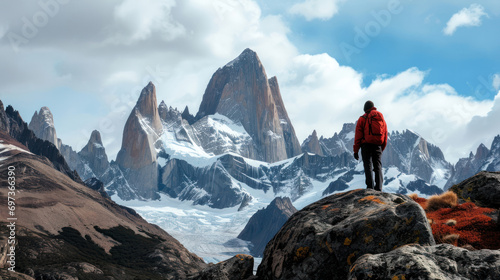 Lone trekker facing away, standing on a rocky outcrop, marveling at the snow-capped peaks and glaciers of the mountainrange photo