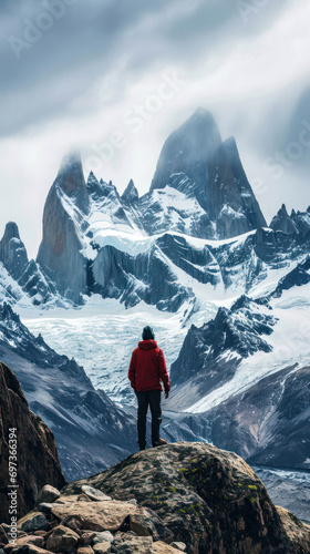 Lone trekker facing away, standing on a rocky outcrop, marveling at the snow-capped peaks and glaciers of the mountainrange