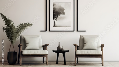 Comfortable chairs and photo frames are used in the interior design.