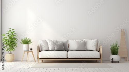 Copy space is provided by a gray sofa in a white living room © Elchin Abilov