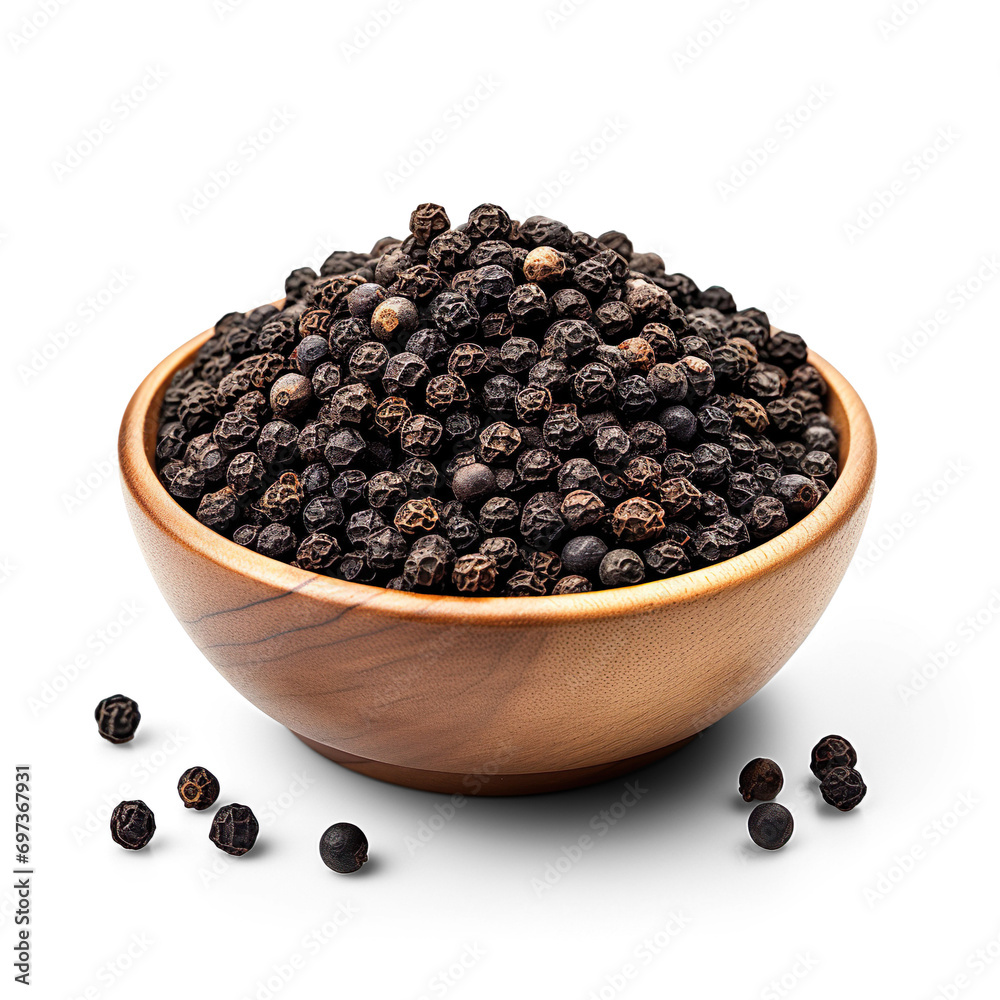 Black Peppercorns in a Wooden bowl are isolated on a transparent background. Black Peppercorns in a Wooden bowl are isolated on a transparent background.
