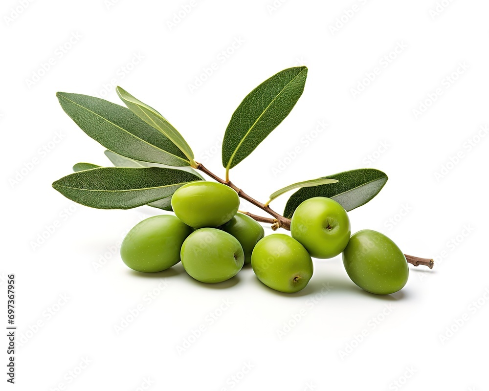 green olive fruit with its leaves on a white background. generative AI