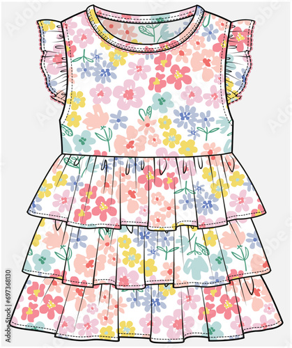 SLEEVELESS DRESS WITH FRILL AND TIERED LAYERED DRESS DESIGNED FOR TODDLER AND KID GIRLS IN VECTOR ILLUSTRATION FILE