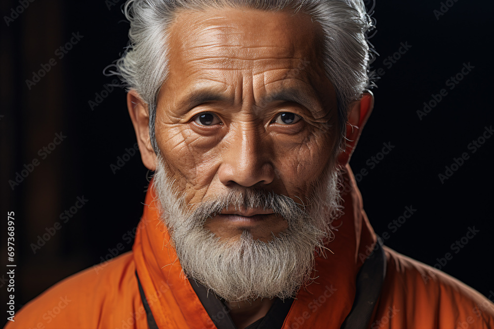 An elderly Asian man, ruminating, is captured in a close-up while staring at the camera in the studio. An elderly Asian man, ruminating, is captured in a close-up while staring at the camera in the studio.